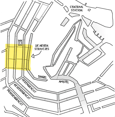 Kaart van het centrum van Amsterdam, met de 9 straatjes gemarkeerd.