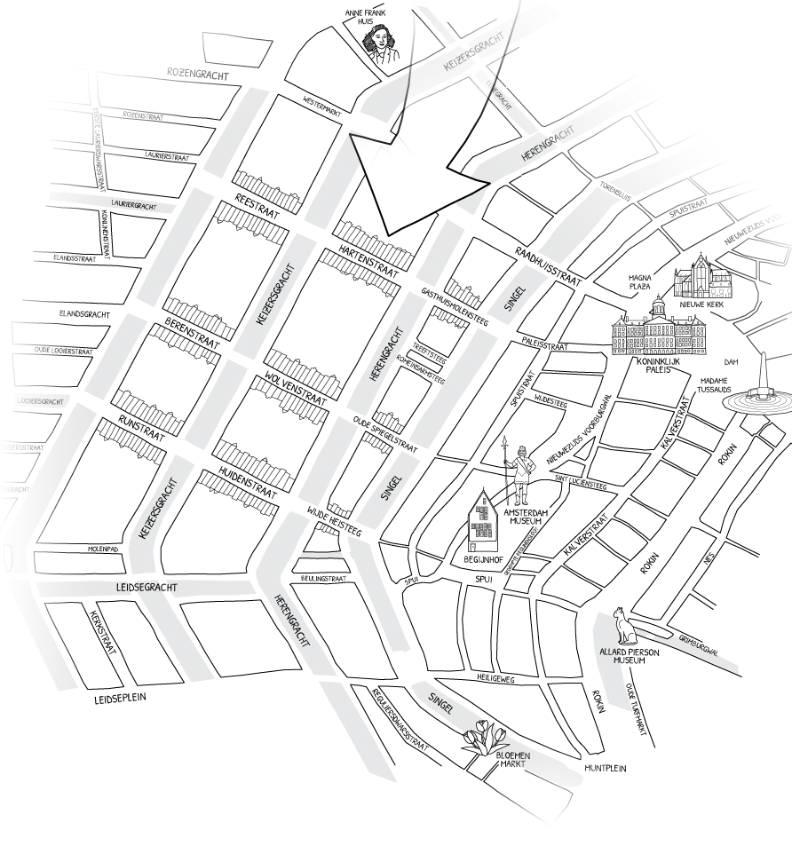 Stylized map of the Nine Streets district highlighting the streets and landmarks near Hotel IX Amsterdam